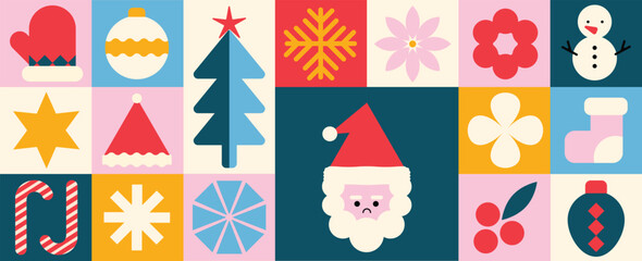 Merry Christmas and happy new year pattern background vector. Decorative elements of snowflake, snowman, santa, hat, tree. Design for banner, card, cover, poster, advertising.wallpaper, packaging.