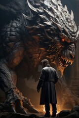 Obraz premium Brave knight standing in dramatic confrontation with a dragon in a medieval-inspired setting, Generative AI