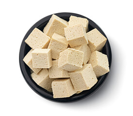 Tofu cheese cubes isolated on white background, top view