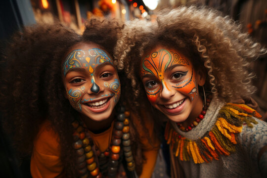 Two happy afro-american teenage girls with Calavera Catrina face paint makeup and Halloween costumes take selfie on Friday 13, having fun on Day of the Dead, Dia de los muertos, 31 of October carnival