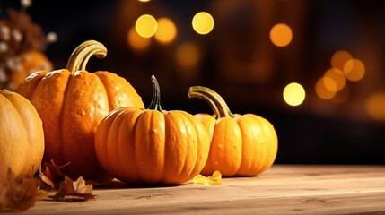 Ripe pumpkins on the table.  colorful display of pumpkins, pumpkins and leaves sitting in a row on wooden background. Space for text. Generative AI.