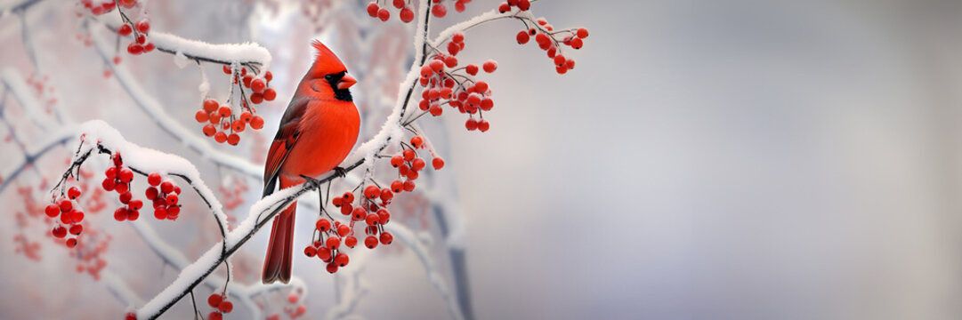Red cardinal bird on a frosty tree branch with snow red berries in winter, Holiday and Christmas web banner with copy space
