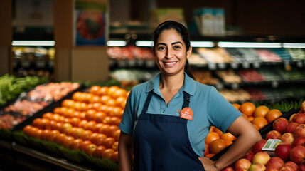 Close up portrait  of  female employee working in grocery store with smile on face standing in supermarket and looking at camera, with fruits on the shelf of supermarket as background Generation AI