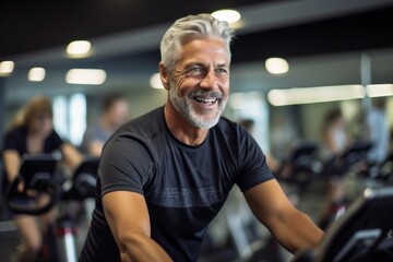 Lifestyle portrait photography of a satisfied mature man doing spinning in a cycling studio. With generative AI technology - obrazy, fototapety, plakaty