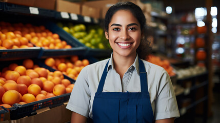 Close up portrait  of  female employee working in grocery store with smile on face standing in supermarket and looking at camera, with fruits on the shelf of supermarket as background Generation AI - obrazy, fototapety, plakaty