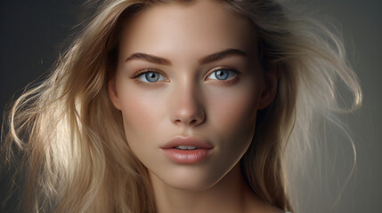 Fototapeta premium Portrait of beautiful fashion woman, looking in camera with white teeth. Close-up portrait of cute female model