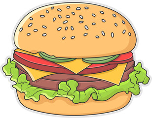 hamburger with cheese, tomato, cucumber