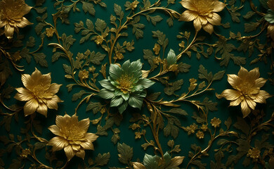 Abstract floral pattern background in green, gold, white,black,red,and diamond, featuring intricate and ornate designs.AI