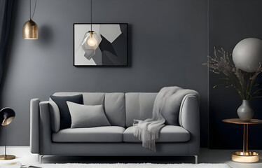 Luxury and cozy modern living room interior have sofa and lamp with grey wall background. Generative AI