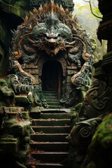 Fototapeta premium Dragon's tail disappearing into a hidden cave entrance, inviting viewers to explore the unknown, Generative AI 