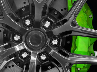 Tyre and alloy wheel. Modern brakes. Car exterior details. Car alloy wheel. New alloy wheel for a...