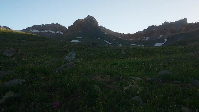 Cinematic pan right breeze colorful wildflower Colombine Colorado last Dusk sunset golden hour light Ice Lake Basin Silverton Telluride Ouray Trailhead top of peak Rocky Mountains landscape slow