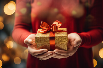 Female hands holding gold gift box with christmas lights background. Winter and new year card.