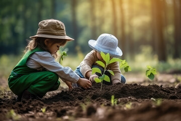 Children helping planting tree on nature field grass forest