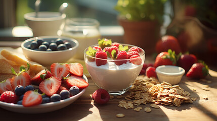 Healthy rich breakfast with fruits and vegetables, smoothie, yogurt, strawberries and kiwi. Healthy eating - obrazy, fototapety, plakaty