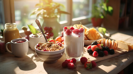 Healthy rich breakfast with fruits and vegetables, smoothie, yogurt, strawberries and kiwi. Healthy eating - obrazy, fototapety, plakaty