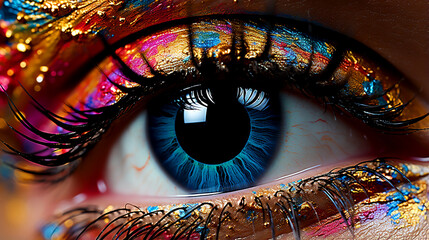 Close up of a model's eye with colorful artistic makeup