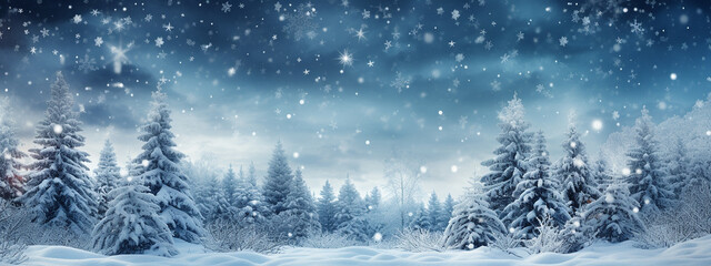 Magical winter forest in daylight with snow drops. Christmas winter landscape background. Illustration. Copy space. Design for website, poster, banner, backdrop