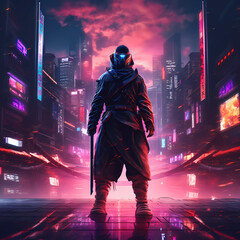 Epic Samurai Cyborg Character in Cyberpunk Style. Night light city bokeh on background. Retro wave vivid colors.