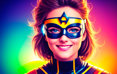 Portrait of a handsome young woman in superhero costume and wearing a mask
