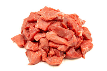 Veal cubed meat isolated on white background. Raw beef cubed with herbs and spices