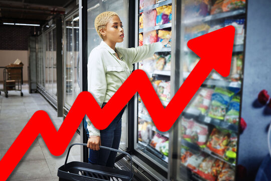 Inflation chart, double exposure and finance for woman thinking, grocery store and budget decision for product. Girl, customer experience and cost of living crisis with arrow, graph and negative gdp