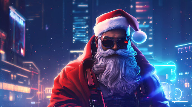 Epic Santa Claus Character in Cyberpunk Style. Night light city bokeh on background. Retro wave vivid colors.
