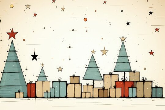A festive Christmas background image in a pencil drawing style, portraying presents nestled under Christmas trees, with stars overhead. Illustration