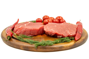 Beef round slice isolated on white background. Raw beef round with herbs and spices