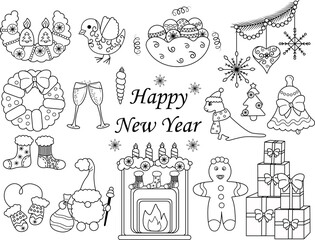 Cute Christmas doodle illustrations, dragon, dinosaur, fireplace, Christmas decorations, snowflakes and more, vector image, EPS 10