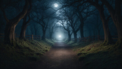 Obraz premium Halloween-themed, Spooky Moonlit Path: A pathway illuminated by a full moon, surrounded by gnarled trees, mysterious shadows, and an air of anticipation, generative Ai
