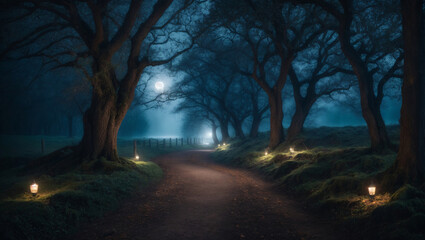 Halloween-themed, Spooky Moonlit Path: A pathway illuminated by a full moon, surrounded by gnarled trees, mysterious shadows, and an air of anticipation, generative Ai
