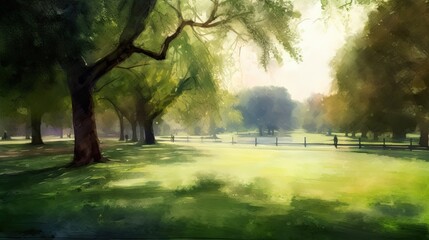 Beautiful watercolors of London city parks with trees.