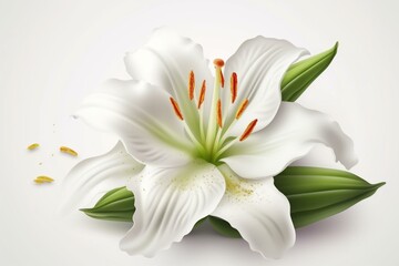 Realistic white lily flower on white background. Generative AI