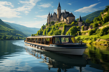 Tourist Boat On The Danube River - Generative AI - obrazy, fototapety, plakaty