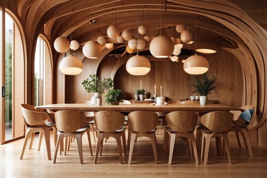 Wooden Chairs and Tabale with Abstract Wood Paneling Arched Ball Lamps, Dining Room, using Generative Ai