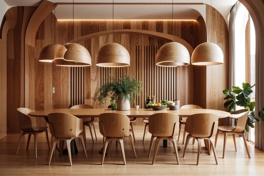 Wooden Chairs and Tabale with Abstract Wood Paneling Arched Ball Lamps, Dining Room, using Generative Ai