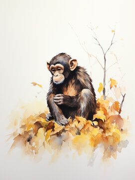 A Minimal Watercolor of a Chimpanzee in an Autumn Setting