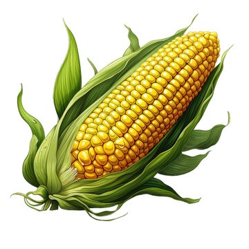 corn on a cob and green leaves . Clipart PNG image . Transparent background . Cartoon vector style . Generative AI
