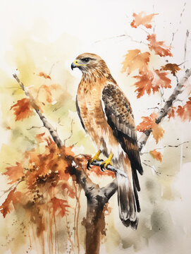 A Minimal Watercolor of a Hawk in an Autumn Setting