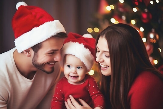Photo of a joyful couple admiring their adorable baby wearing a festive santa hat