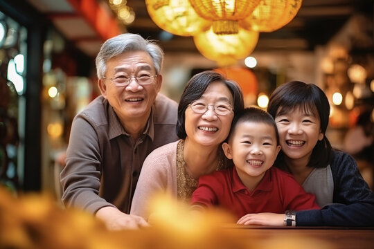 Big Asian Family Together. Family Photo Of Joyful Children And Old People. Children And Grandchildren Visit Elderly Parents. Family Traditions. Friendly Family.