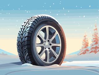 Advertising poster about tires. Winter road. Winter landscape. Landscape banner, digital print, flyer, booklet, brochure web design.
