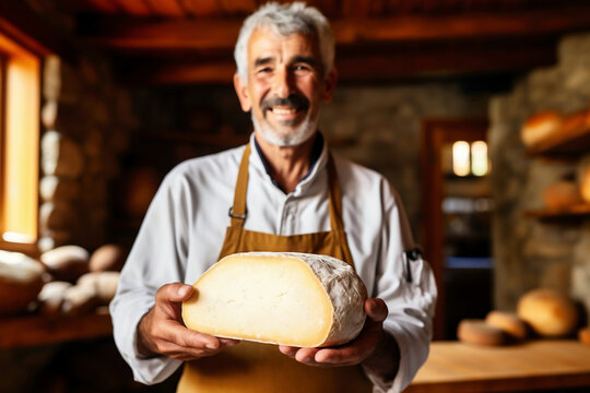 A farmer demonstrates a piece of cheese he made with his own hands. Homemade cheese production on a farm. Natural product. Close-up. Farming concept.