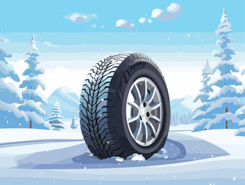 Advertising poster about tires. Winter road. Winter landscape. Landscape banner, digital print, flyer, booklet, brochure web design.