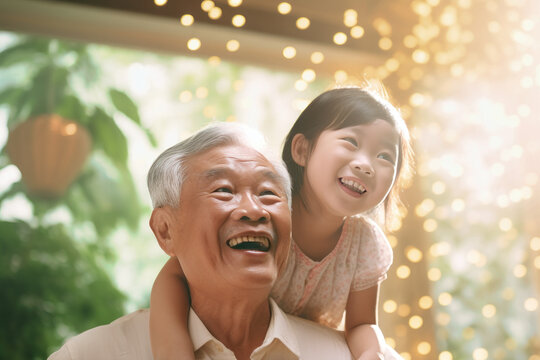 An elderly man with a little Asian girl in the room. They hug, have fun and rejoice at the meeting. Meeting of granddaughter and her grandfather. Caring for the elderly. Family values.