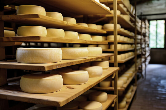A large production room filled with many racks and shelves with different types of cheese. The cheese matures in a special room at the factory. Cheese production and storage.