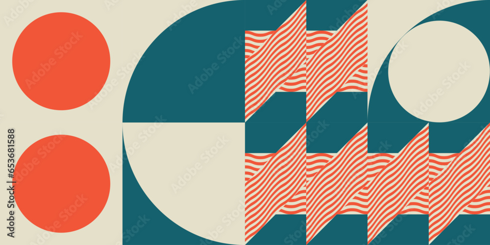 Poster Modern abstract geometric  vector seamless pattern with simple elements and shapes like circle, square and triangle. Graphic pastel colored minimalist background.