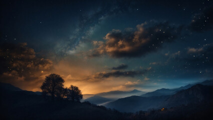 Naklejka premium Halloween-themed, Halloween Night Sky: A digital backdrop displaying a starry night sky with a crescent moon, bats flying, and wisps of clouds, setting the stage for a magical and spooky Halloween exp