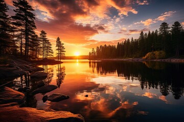 A large lake in the middle of the forest against the background of the setting sun and sky. Beautiful nature. Natural landscape. 